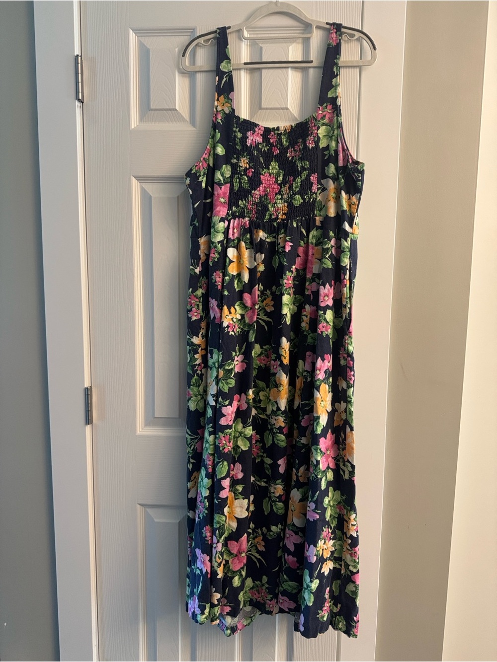Floral Strap Midi Dress in Navy with Pink & Yellow Flowers - Picture 3 of 5